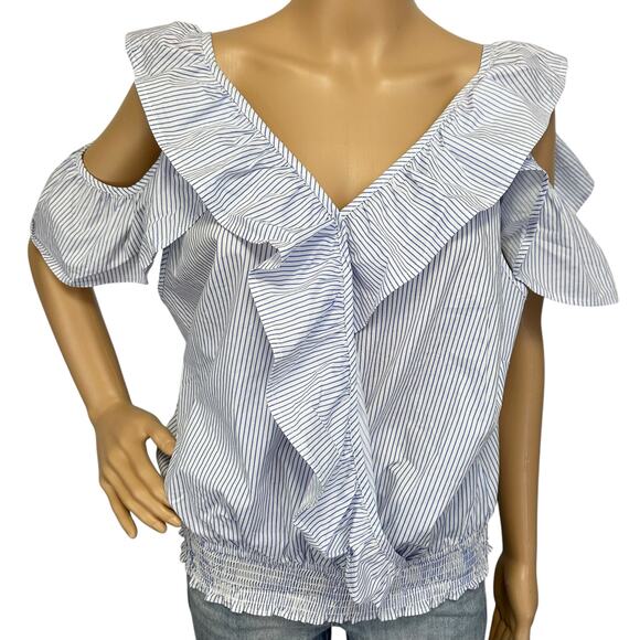 2/$15 NWT Ashley Stewart Ruffle Cold Shoulder Top Blue Striped Size 14 - Picture 2 of 10